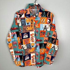 Retro Printed Funky Button Down Blouse Medium Unisex Carnival